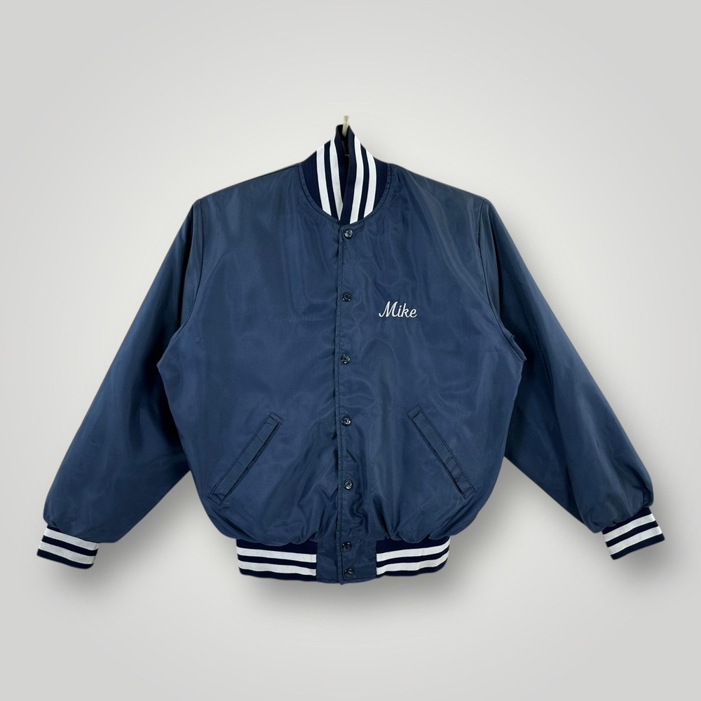 Vintage Birdie Jacket Mens Medium Blue Varsity Snap Nylon Fleece Lined Made USA